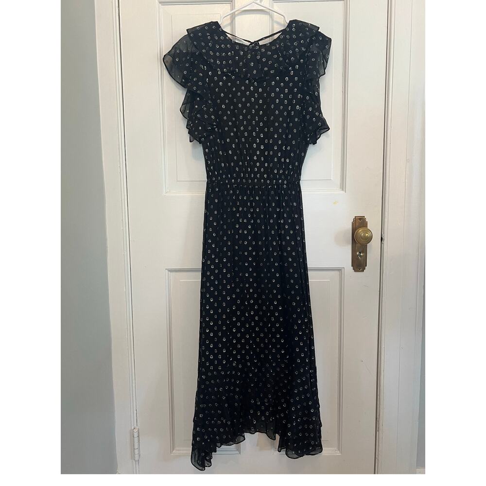 Robert Rodriguez Silk Tiered Maxi Dress Black Metallic Silver Polka Dot Ruffle 0